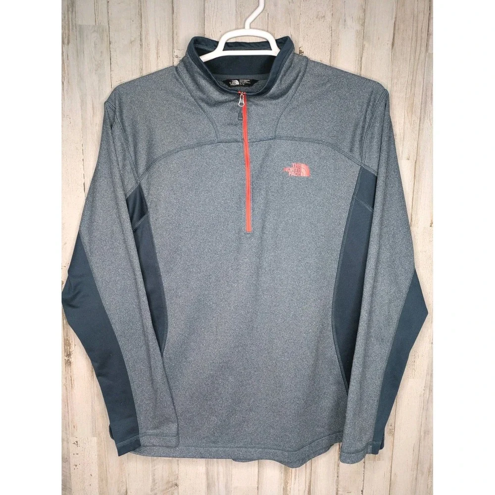 The North Face Mens Large Essential 1/4 Zip Pullover Blue Heather Orange Fleece
